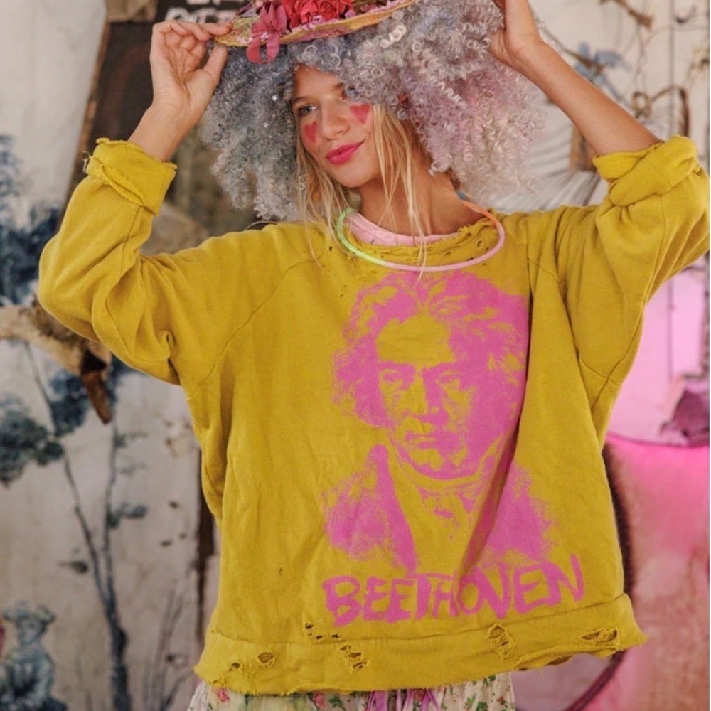 Magnolia Pearl Yellow Pink Beethoven Richi Sweatshirt Distressed Fun House‎ NWT